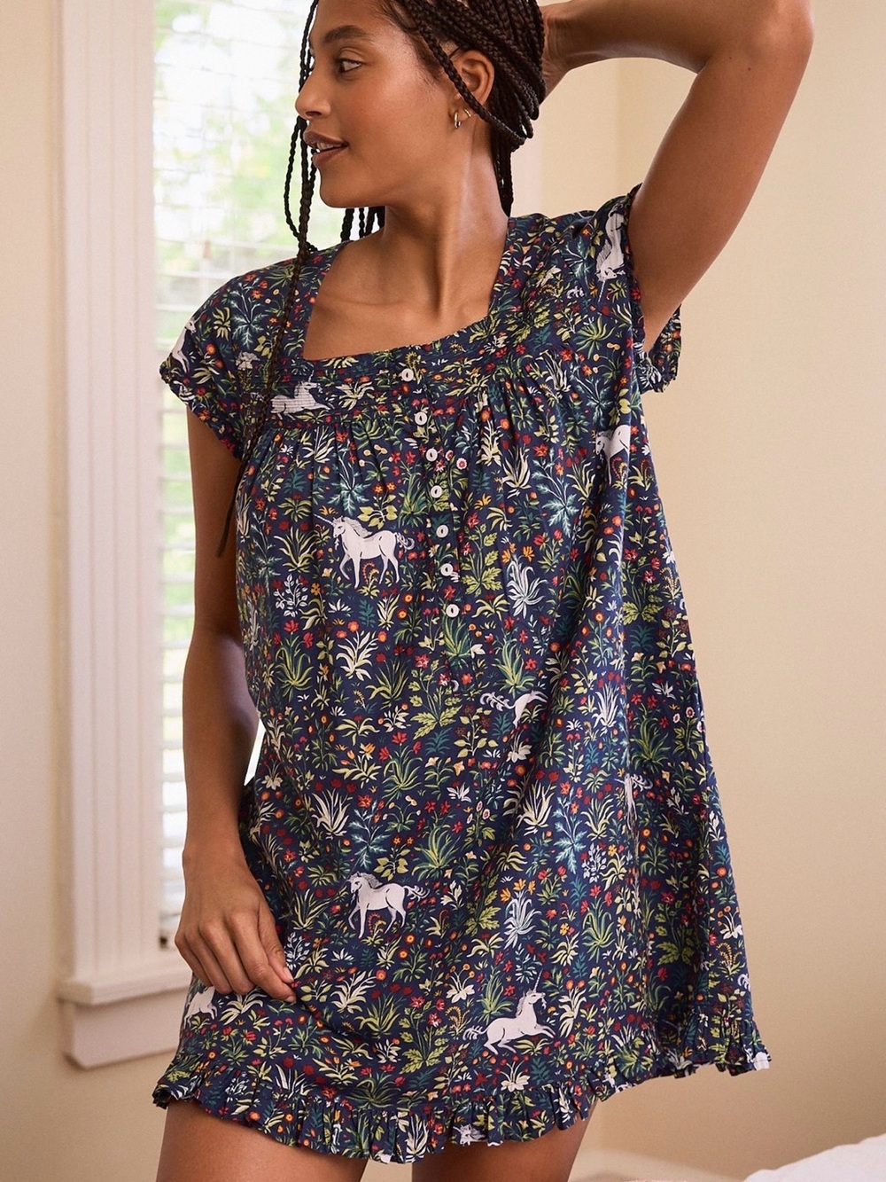 PRINTFRESH Unicorn’s Garden Pintuck Ruffle Nightgown Size 1X ANTHROPOLOGIE $138